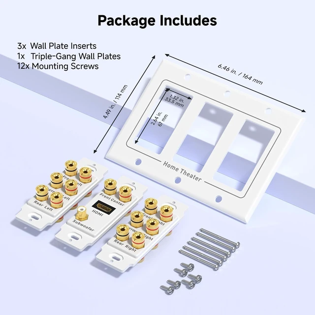 Alt view image 7 of 7 - Triple Gang 7.1 Speaker Wall Plate with HDMI, White HDMI Pass-through, Gold-Plated Binding Posts, Banana Plug Compatible, for Home Theater Wiring