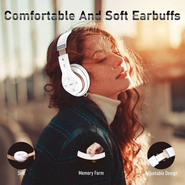 Alt view image 3 of 7 - Bluetooth Headphones Over Ear, 6S Foldable Wireless Headphones with 6 EQ Modes, 40 Hours Playtime HiFi Stereo Headset with Mic, Soft Ear Pads, TF/FM for Cellphone/PC/Home (White & Gold)