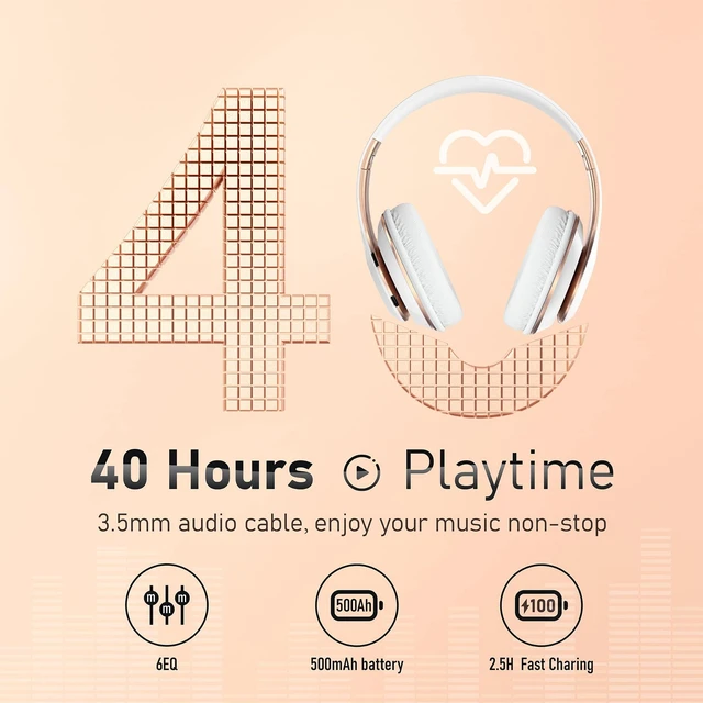 Alt view image 2 of 7 - Bluetooth Headphones Over Ear, 6S Foldable Wireless Headphones with 6 EQ Modes, 40 Hours Playtime HiFi Stereo Headset with Mic, Soft Ear Pads, TF/FM for Cellphone/PC/Home (White & Gold)