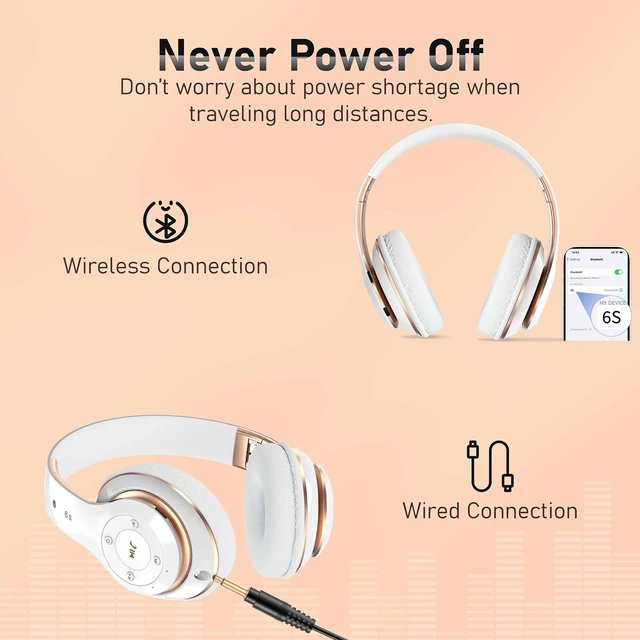 Alt view image 4 of 7 - Bluetooth Headphones Over Ear, 6S Foldable Wireless Headphones with 6 EQ Modes, 40 Hours Playtime HiFi Stereo Headset with Mic, Soft Ear Pads, TF/FM for Cellphone/PC/Home (White & Gold)