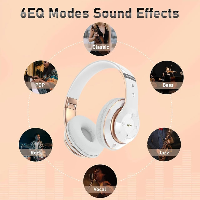 Alt view image 5 of 7 - Bluetooth Headphones Over Ear, 6S Foldable Wireless Headphones with 6 EQ Modes, 40 Hours Playtime HiFi Stereo Headset with Mic, Soft Ear Pads, TF/FM for Cellphone/PC/Home (White & Gold)