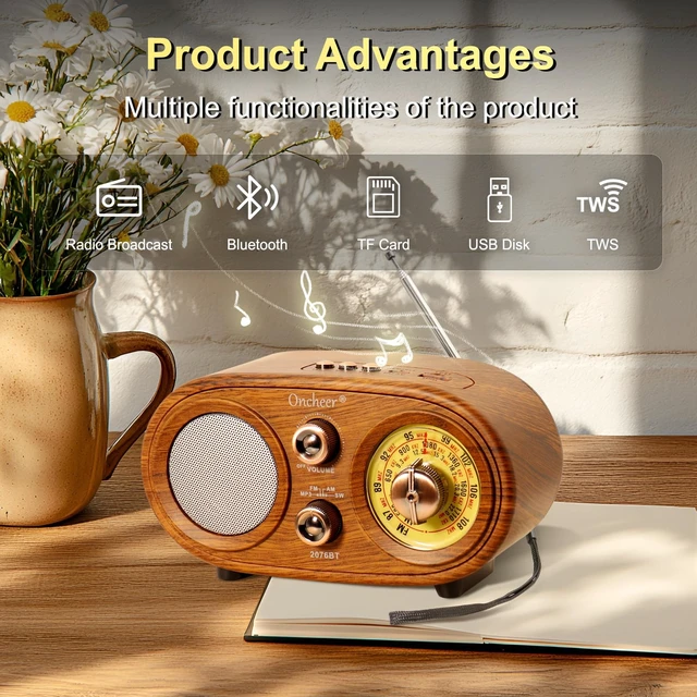 Alt view image 3 of 6 - Portable Retro Vintage Bluetooth Speaker Radio, FM/AM/SW 3 Band, Adjustable Antenna, Battery Powered, Support TF Card, USB Playing Music, Home Decor Gifts for Friends Family -Brown Color
