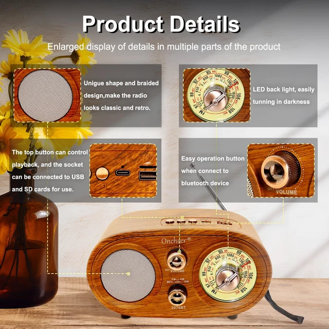 Alt view image 6 of 6 - Portable Retro Vintage Bluetooth Speaker Radio, FM/AM/SW 3 Band, Adjustable Antenna, Battery Powered, Support TF Card, USB Playing Music, Home Decor Gifts for Friends Family -Brown Color