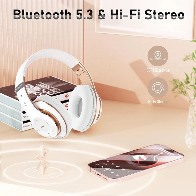 Alt view image 6 of 7 - Bluetooth Headphones Over Ear, 6S Foldable Wireless Headphones with 6 EQ Modes, 40 Hours Playtime HiFi Stereo Headset with Mic, Soft Ear Pads, TF/FM for Cellphone/PC/Home (White & Gold)