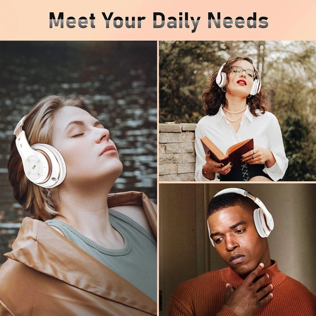 Alt view image 7 of 7 - Bluetooth Headphones Over Ear, 6S Foldable Wireless Headphones with 6 EQ Modes, 40 Hours Playtime HiFi Stereo Headset with Mic, Soft Ear Pads, TF/FM for Cellphone/PC/Home (White & Gold)