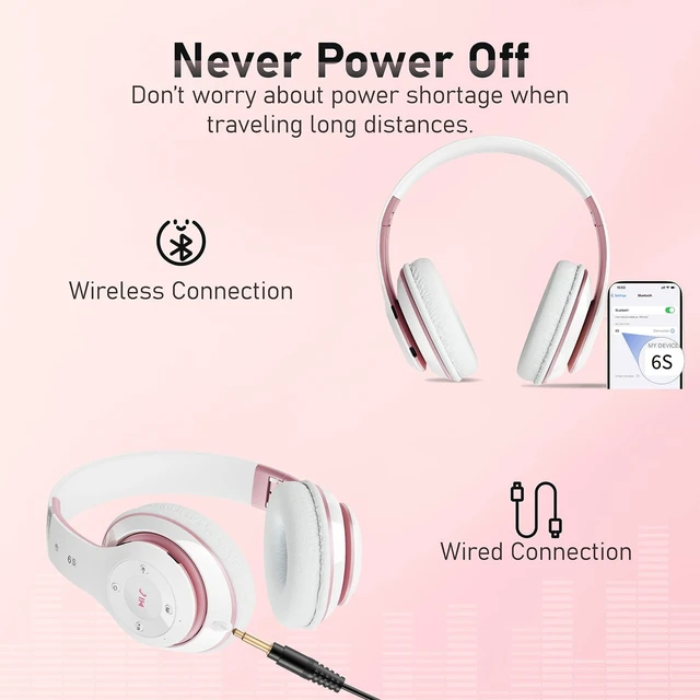 Alt view image 5 of 7 - Bluetooth Headphones Over Ear, 6S Foldable Wireless Headphones with 6 EQ Modes, 40 Hours Playtime HiFi Stereo Headset with Mic, Soft Ear Pads, TF/FM for Cellphone/PC/Home (White & Rose Gold)
