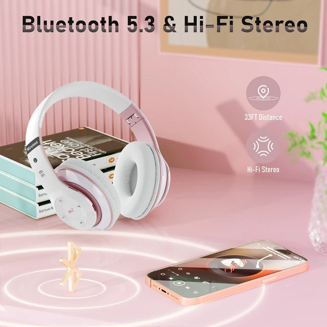 Alt view image 6 of 7 - Bluetooth Headphones Over Ear, 6S Foldable Wireless Headphones with 6 EQ Modes, 40 Hours Playtime HiFi Stereo Headset with Mic, Soft Ear Pads, TF/FM for Cellphone/PC/Home (White & Rose Gold)