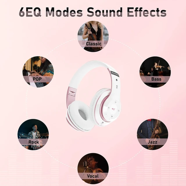 Alt view image 7 of 7 - Bluetooth Headphones Over Ear, 6S Foldable Wireless Headphones with 6 EQ Modes, 40 Hours Playtime HiFi Stereo Headset with Mic, Soft Ear Pads, TF/FM for Cellphone/PC/Home (White & Rose Gold)