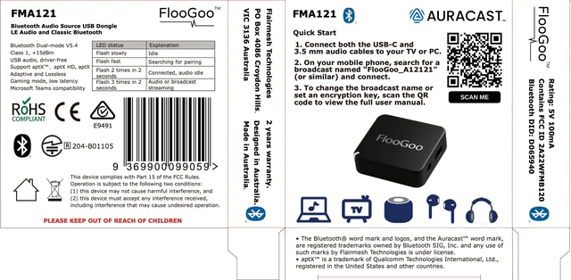 Alt view image 5 of 5 - FMA121 LE Audio Bluetooth Adapter for TV, Phone, PC & Console Low Latency Gaming, Teams/Zoom Mic Support, Auracast TX/RX, Hearing Aid Compatible, aptX Lossless, USBC & 3.5mm