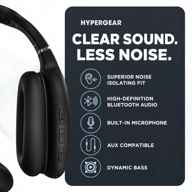 Alt view image 2 of 7 - Over-Ear Headphones - Wireless Bluetooth Headphones with Noise Isolation, Built-in Mic, Soft Memory Foam Cups for All-Day Comfort, Black