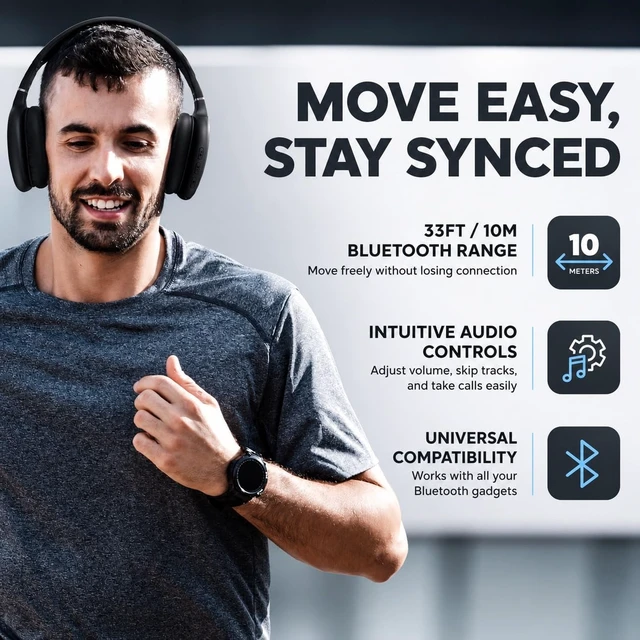 Alt view image 5 of 7 - Over-Ear Headphones - Wireless Bluetooth Headphones with Noise Isolation, Built-in Mic, Soft Memory Foam Cups for All-Day Comfort, Black