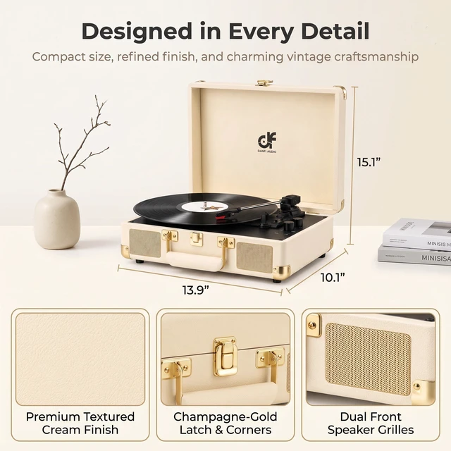 Alt view image 5 of 7 - Vinyl Record Player with Speakers Bluetooth Turntable White &Champagne-Gold Bass & Treble Control, 3 Speeds, Auto Stop, RCA /AUX/Headphone Jacks, Perfect for Girls Home Listening and Gifts