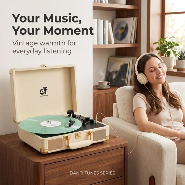 Alt view image 7 of 7 - Vinyl Record Player with Speakers Bluetooth Turntable White &Champagne-Gold Bass & Treble Control, 3 Speeds, Auto Stop, RCA /AUX/Headphone Jacks, Perfect for Girls Home Listening and Gifts