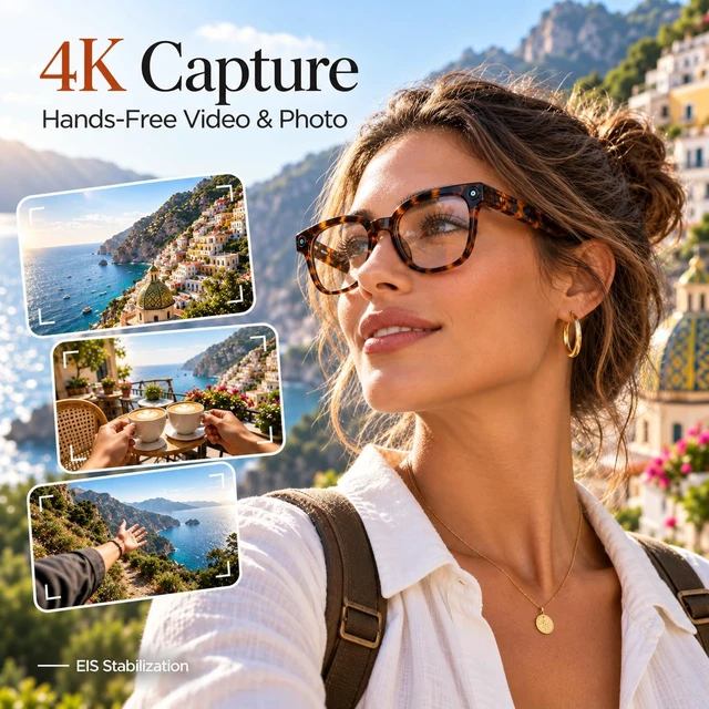 Alt view image 2 of 7 - AI Smart Glasses with Camera,4K Anti-Shake Video, Real Time Translation AI Voice Assistant, Object Recognition, Bluetooth Sunglasses, Open-Ear Speakers, Bluetooth Calling, Photochromic Lenses
