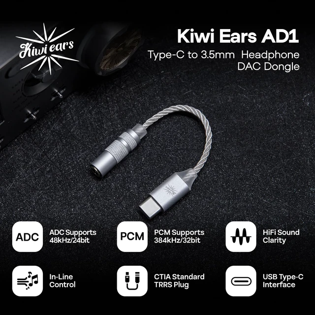 Alt view image 2 of 7 - Kiwi Ears AD1 Type-C to 3.5mm Female Headphone DAC Adapter Cable USB C to Aux IEM Dongle with KT02H20 Chip, High Res 32bit/384kHz, CTIA-Standard for iOS/Android/Windows Smartphones, Silver