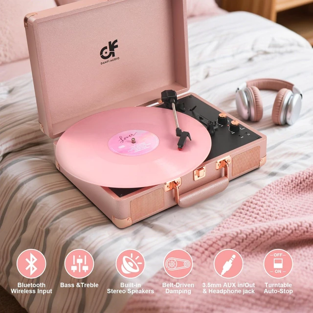 Alt view image 2 of 7 - Vinyl Record Player 3-Speed Portable Suitcase Record Player with Built-in Speakers, 3.5mm Headphone Jack, RCA-Out/Aux in, Vintage Belt-Driven Turntable,Pink Rose Gold