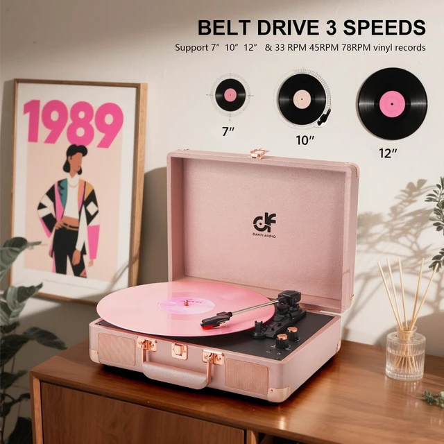 Alt view image 3 of 7 - Vinyl Record Player 3-Speed Portable Suitcase Record Player with Built-in Speakers, 3.5mm Headphone Jack, RCA-Out/Aux in, Vintage Belt-Driven Turntable,Pink Rose Gold