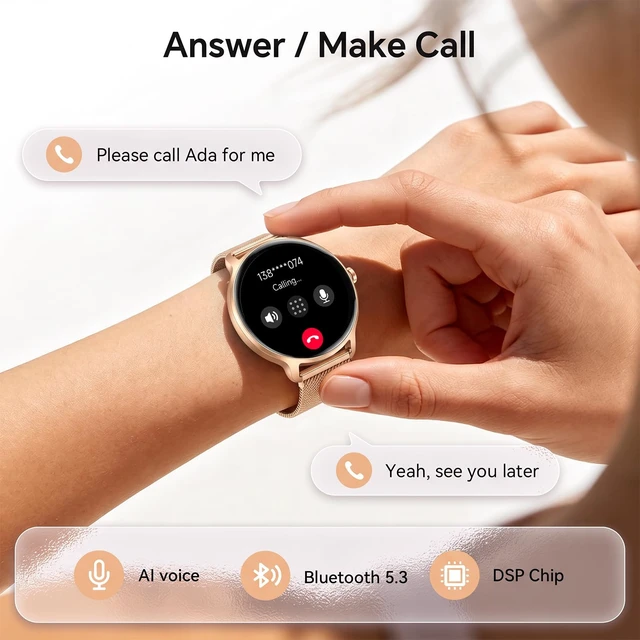 Alt view image 3 of 7 - Smart Watch for Women Men, 40mm Fitness Tracker, Answer & Make Call iPhone/Android/Samsung, Heart Rate/Stress/Sleep/Period Monitor, 7 Day Battery, 110+ Sports Modes, IP68, Gold Steel Band