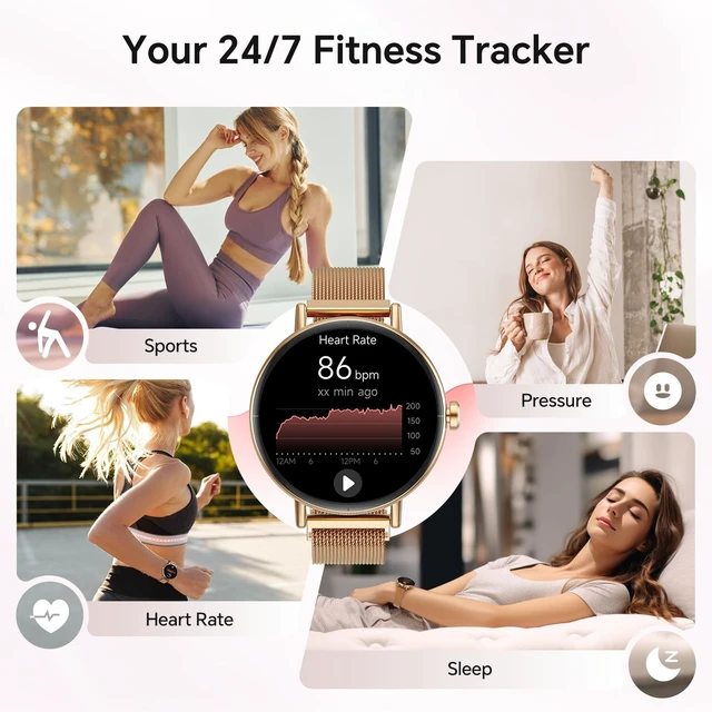 Alt view image 4 of 7 - Smart Watch for Women Men, 40mm Fitness Tracker, Answer & Make Call iPhone/Android/Samsung, Heart Rate/Stress/Sleep/Period Monitor, 7 Day Battery, 110+ Sports Modes, IP68, Gold Steel Band