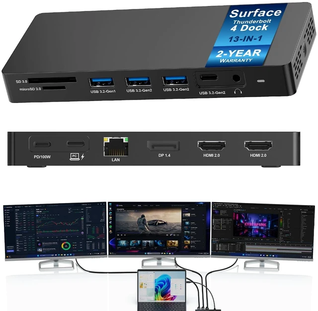 Main image of Surface Thunderbolt 4 Dock 13 in 1 Triple Displays Dual HDMI+DisplayPort Surface docking station with Power Adapter for Microsoft Surface Pro 13 12 11 10 9 8 7 X, Surface Laptop 7 6 5, Go, Book