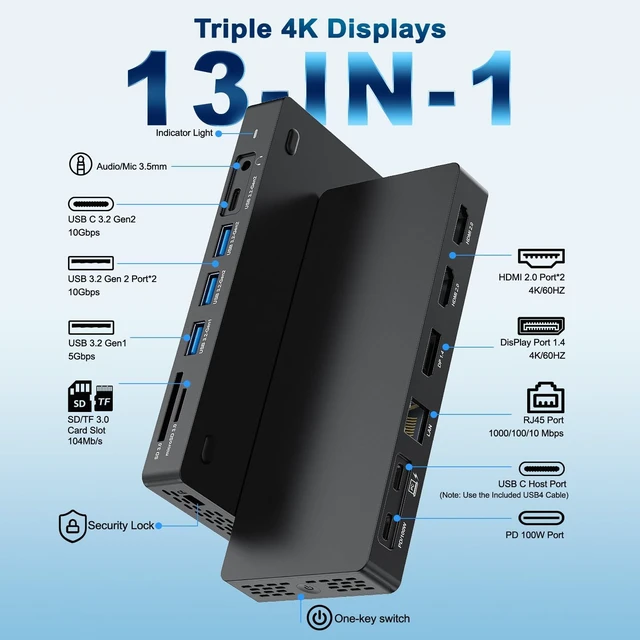 Alt view image 3 of 7 - Surface Thunderbolt 4 Dock 13 in 1 Triple Displays Dual HDMI+DisplayPort Surface docking station with Power Adapter for Microsoft Surface Pro 13 12 11 10 9 8 7 X, Surface Laptop 7 6 5, Go, Book