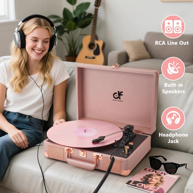 Alt view image 4 of 7 - Vinyl Record Player 3-Speed Portable Suitcase Record Player with Built-in Speakers, 3.5mm Headphone Jack, RCA-Out/Aux in, Vintage Belt-Driven Turntable,Pink Rose Gold