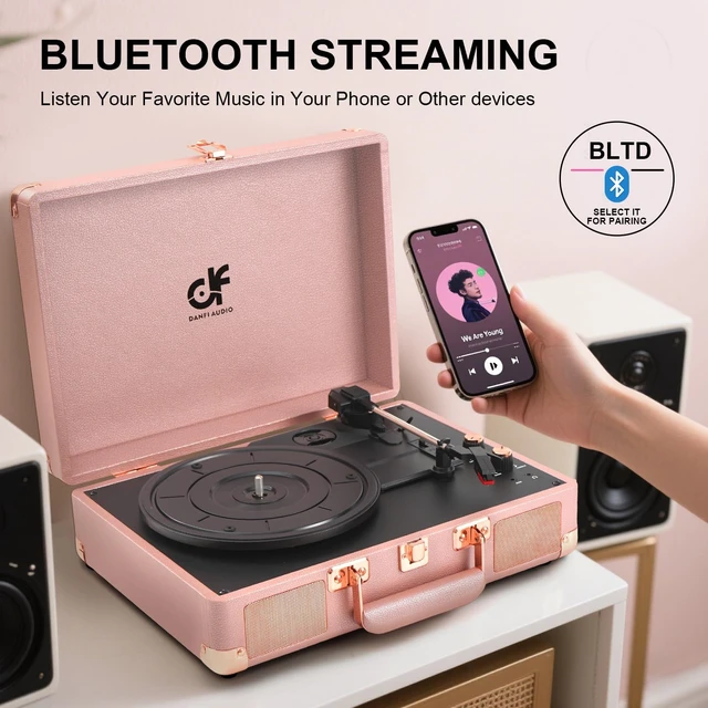 Alt view image 5 of 7 - Vinyl Record Player 3-Speed Portable Suitcase Record Player with Built-in Speakers, 3.5mm Headphone Jack, RCA-Out/Aux in, Vintage Belt-Driven Turntable,Pink Rose Gold