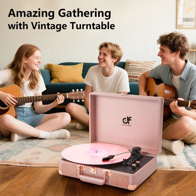 Alt view image 7 of 7 - Vinyl Record Player 3-Speed Portable Suitcase Record Player with Built-in Speakers, 3.5mm Headphone Jack, RCA-Out/Aux in, Vintage Belt-Driven Turntable,Pink Rose Gold