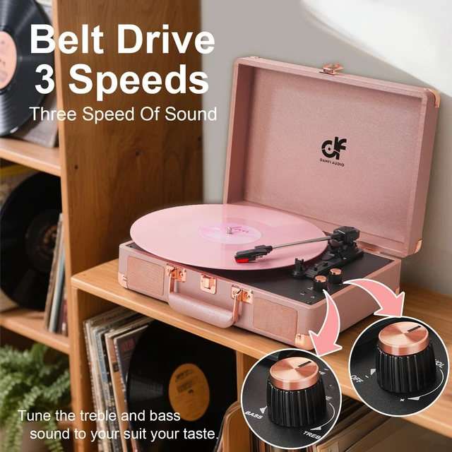 Alt view image 6 of 7 - Vinyl Record Player 3-Speed Portable Suitcase Record Player with Built-in Speakers, 3.5mm Headphone Jack, RCA-Out/Aux in, Vintage Belt-Driven Turntable,Pink Rose Gold