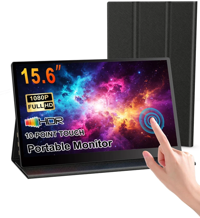 Main image of 15.6" FHD Portable Monitor Touchscreen for Laptop 10-Point Touch FHD IPS screen with dual speakers, protective case & stand. For Laptop PC Phone Gaming