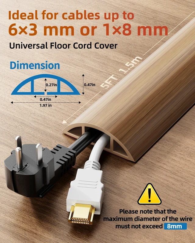 Alt view image 2 of 7 - 5ft Cord Cover, Wood Grain Cord Covers for Wires on Floor, Self-Adhesive Floor Cable Protector, Extension Cable Hider, Easy Cut Wires Protector, Brown Wood, 1.97inW*0.47inH