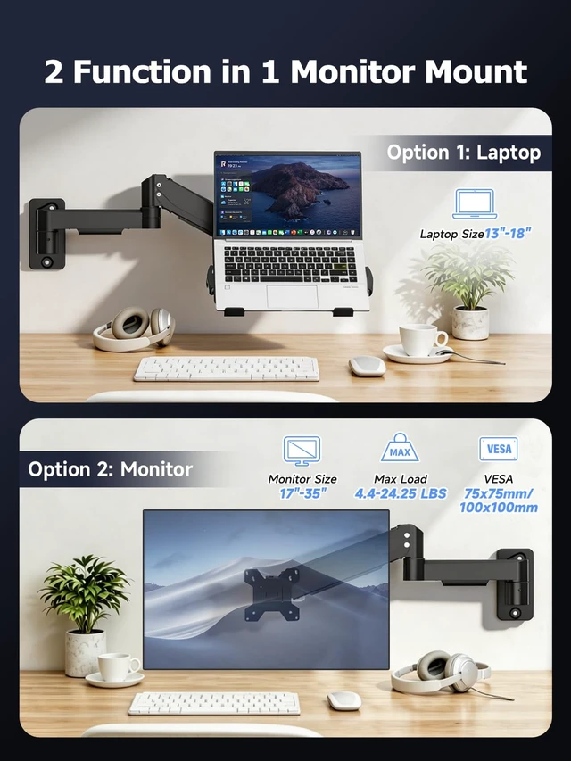 Alt view image 2 of 7 - Single Monitor Wall Mount with Laptop Tray for 13 to 18 Inch, Gas Spring Monitor Arm Wall Mount Holds Up to 11KG/24lbs, Full Motion Adjustable,VESA Mount 75x75/100x100mm