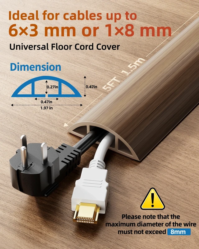 Alt view image 2 of 7 - 5ft Cord Cover, Wood Grain Cord Covers for Wires on Floor, Self-Adhesive Floor Cable Protector, Extension Cable Hider, Easy Cut Wires Protector, Walnut Wood,1.97inW*0.47inH