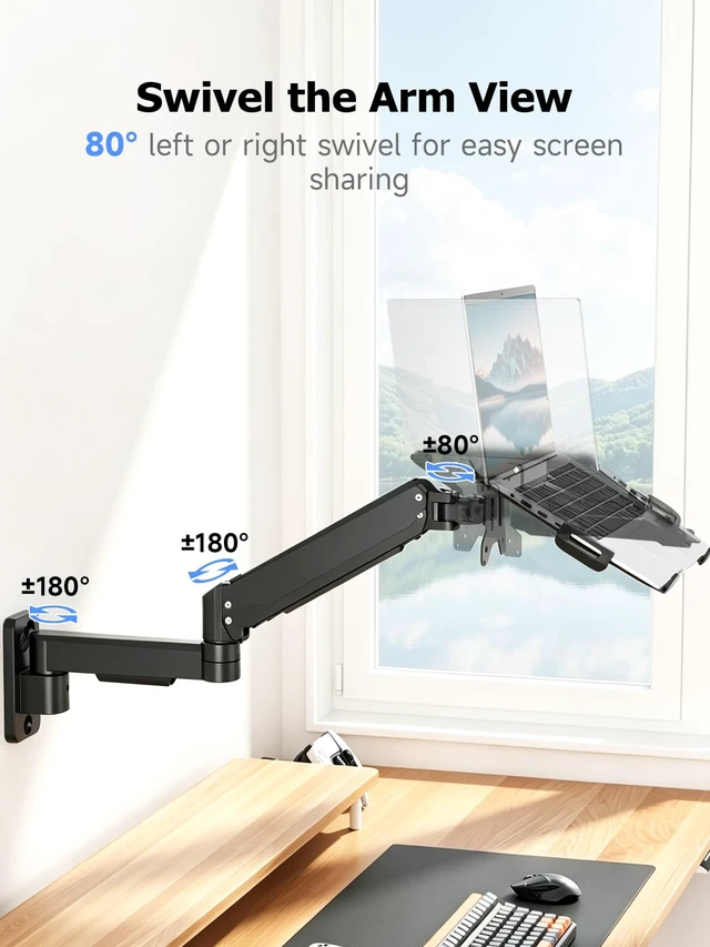 Alt view image 6 of 7 - Single Monitor Wall Mount with Laptop Tray for 13 to 18 Inch, Gas Spring Monitor Arm Wall Mount Holds Up to 11KG/24lbs, Full Motion Adjustable,VESA Mount 75x75/100x100mm