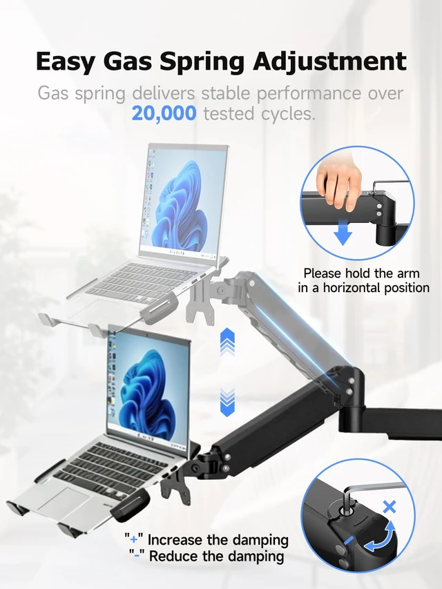Alt view image 7 of 7 - Single Monitor Wall Mount with Laptop Tray for 13 to 18 Inch, Gas Spring Monitor Arm Wall Mount Holds Up to 11KG/24lbs, Full Motion Adjustable,VESA Mount 75x75/100x100mm