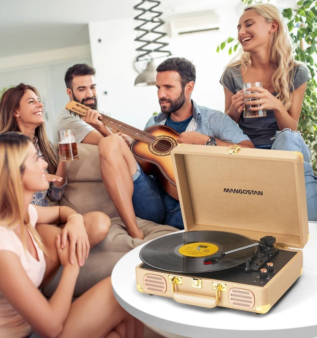 Alt view image 2 of 7 - Bluetooth Record Player, 3-Speed Belt Drive Turntable Gold Portable Suitcase Bass and Treble Adjustment Headphone Jack