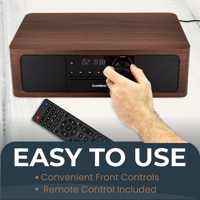 Alt view image 6 of 6 - Stereo Shelf System with CD Player, Bluetooth, FM Radio, USB Playback, Aux in, Optical in, Alarm Clock, & Remote Control