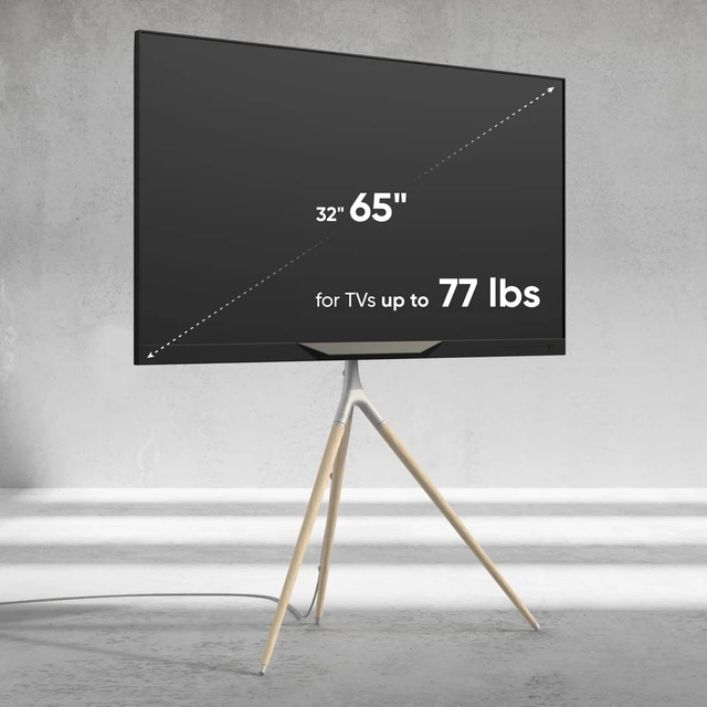 Alt view image 3 of 7 - Easel TV Stand 32-65 Inch, up to 77 lbs, max VESA 400x400, White TV tripod 360° swivel, wooden legs, height adjustable, portrait installation, cable clips; for living rooms, studios & events
