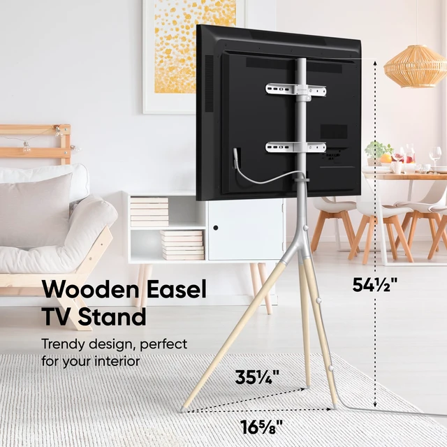 Alt view image 2 of 7 - Easel TV Stand 32-65 Inch, up to 77 lbs, max VESA 400x400, White TV tripod 360° swivel, wooden legs, height adjustable, portrait installation, cable clips; for living rooms, studios & events