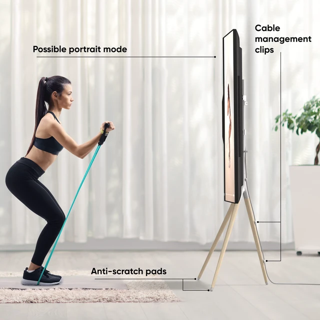 Alt view image 6 of 7 - Easel TV Stand 32-65 Inch, up to 77 lbs, max VESA 400x400, White TV tripod 360° swivel, wooden legs, height adjustable, portrait installation, cable clips; for living rooms, studios & events