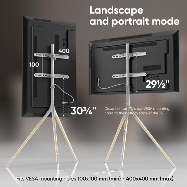 Alt view image 4 of 7 - Easel TV Stand 32-65 Inch, up to 77 lbs, max VESA 400x400, White TV tripod 360° swivel, wooden legs, height adjustable, portrait installation, cable clips; for living rooms, studios & events