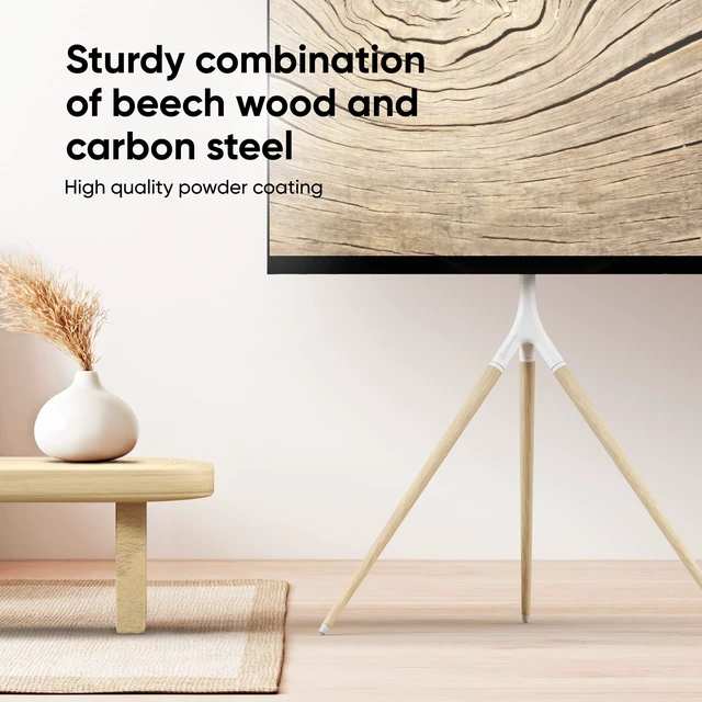 Alt view image 7 of 7 - Easel TV Stand 32-65 Inch, up to 77 lbs, max VESA 400x400, White TV tripod 360° swivel, wooden legs, height adjustable, portrait installation, cable clips; for living rooms, studios & events