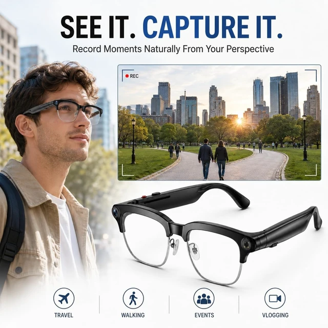 Alt view image 3 of 7 - AI Smart Glasses with 8MP Camera, 1080P Video Recording & AI Translation Voice assistant, open-ear Bluetooth audio and app-enabled AI translation for travel, work, vlogging and everyday use