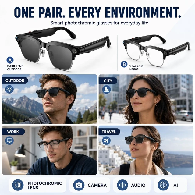 Alt view image 5 of 7 - AI Smart Glasses with 8MP Camera, 1080P Video Recording & AI Translation Voice assistant, open-ear Bluetooth audio and app-enabled AI translation for travel, work, vlogging and everyday use