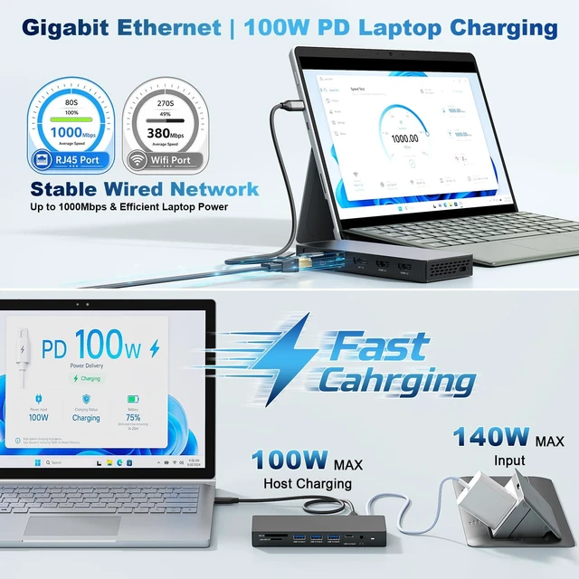 Alt view image 6 of 7 - Surface Thunderbolt 4 Dock 13 in 1 Triple Displays Dual HDMI+DisplayPort Surface docking station with Power Adapter for Microsoft Surface Pro 13 12 11 10 9 8 7 X, Surface Laptop 7 6 5, Go, Book