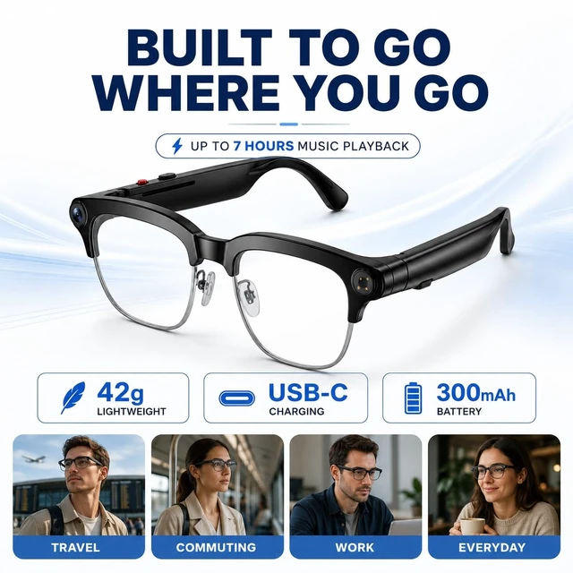 Alt view image 7 of 7 - AI Smart Glasses with 8MP Camera, 1080P Video Recording & AI Translation Voice assistant, open-ear Bluetooth audio and app-enabled AI translation for travel, work, vlogging and everyday use