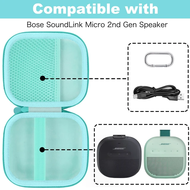 Alt view image 4 of 7 - for Bose New SoundLink Micro 2nd Gen Speaker Protective Case, Mint Green EVA Hard Shell, Soft Velvet Lining, Durable Wrist Strap, Portable Travel Bag with Carabiner, Mesh Accessory Pocket