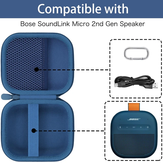 Alt view image 4 of 7 - for Bose New SoundLink Micro 2nd Gen Speaker Protective Case, Twilight Blue EVA Hard Shell, Soft Velvet Lining, Durable Wrist Strap, Portable Travel Bag with Carabiner, Mesh Accessory Pocket