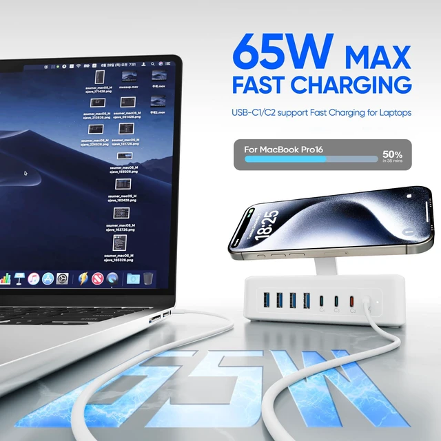 Alt view image 2 of 3 - 200W USB Charging Station, 11-in-1 USB C Power Strip Surge Protector, 2AC Outlets & 8USB Ports, 5ft Flat Plug Extension Cord with Multiple Devices, Home Office Desk Accessories