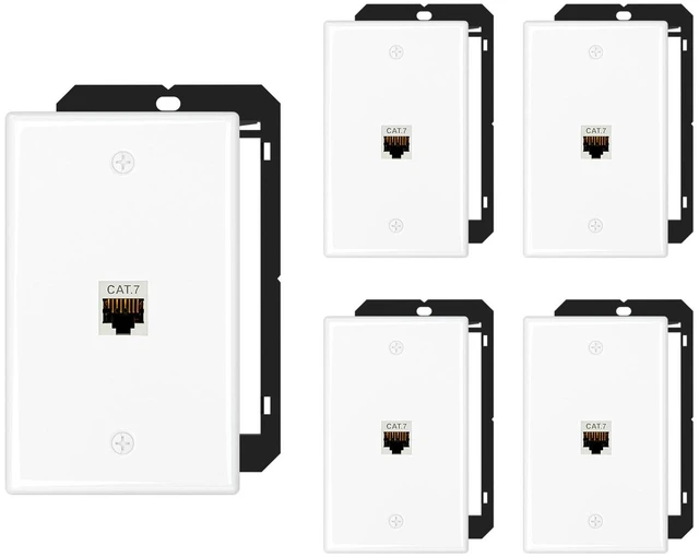 Main image of 5-Pack Shielded Cat7 Ethernet Wall Plate, 1-Port Keystone 10Gbit/s, 1-Port Keystone Wall Plate with Bracket + Cat7 Shielded RJ45 Coupler, Female to Female RJ45 Cat7 Wall Plate, PoE
